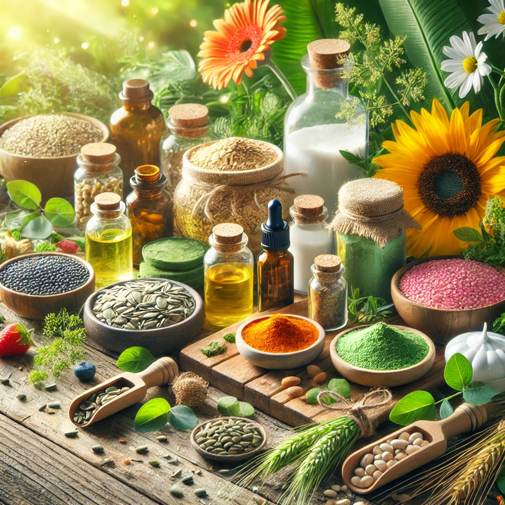 Natural health and wellness products with super seeds and herbal ingredients in an Ayurvedic setting
